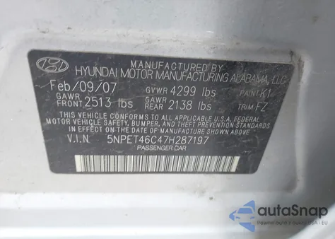 2007 Hyundai Sonata Gls z USA, uszkodzony, nr VIN 5NPET46C47H287197